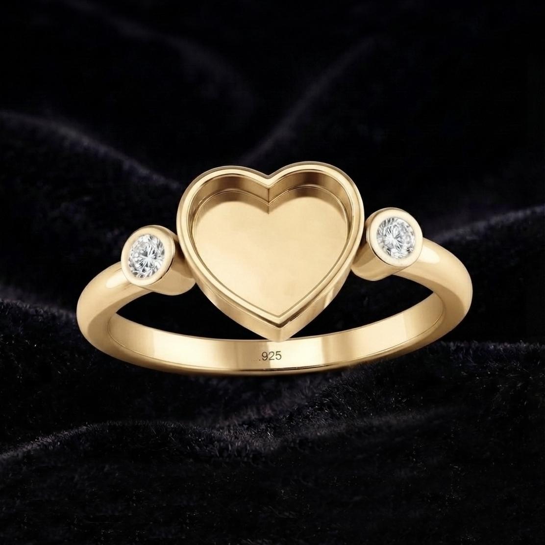 925 Sterling Silver, Heart 8x8mm Blank Bezel with CZ Set Engagement Ring, Unique Vintage Bridal Ring, Resin & Ashes, Breastmilk/Keepsake DIY