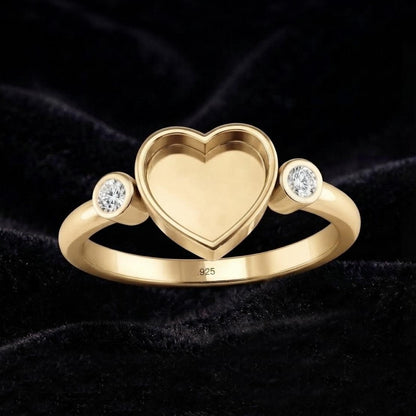 925 Sterling Silver, Heart 8x8mm Blank Bezel with CZ Set Engagement Ring, Unique Vintage Bridal Ring, Resin & Ashes, Breastmilk/Keepsake DIY