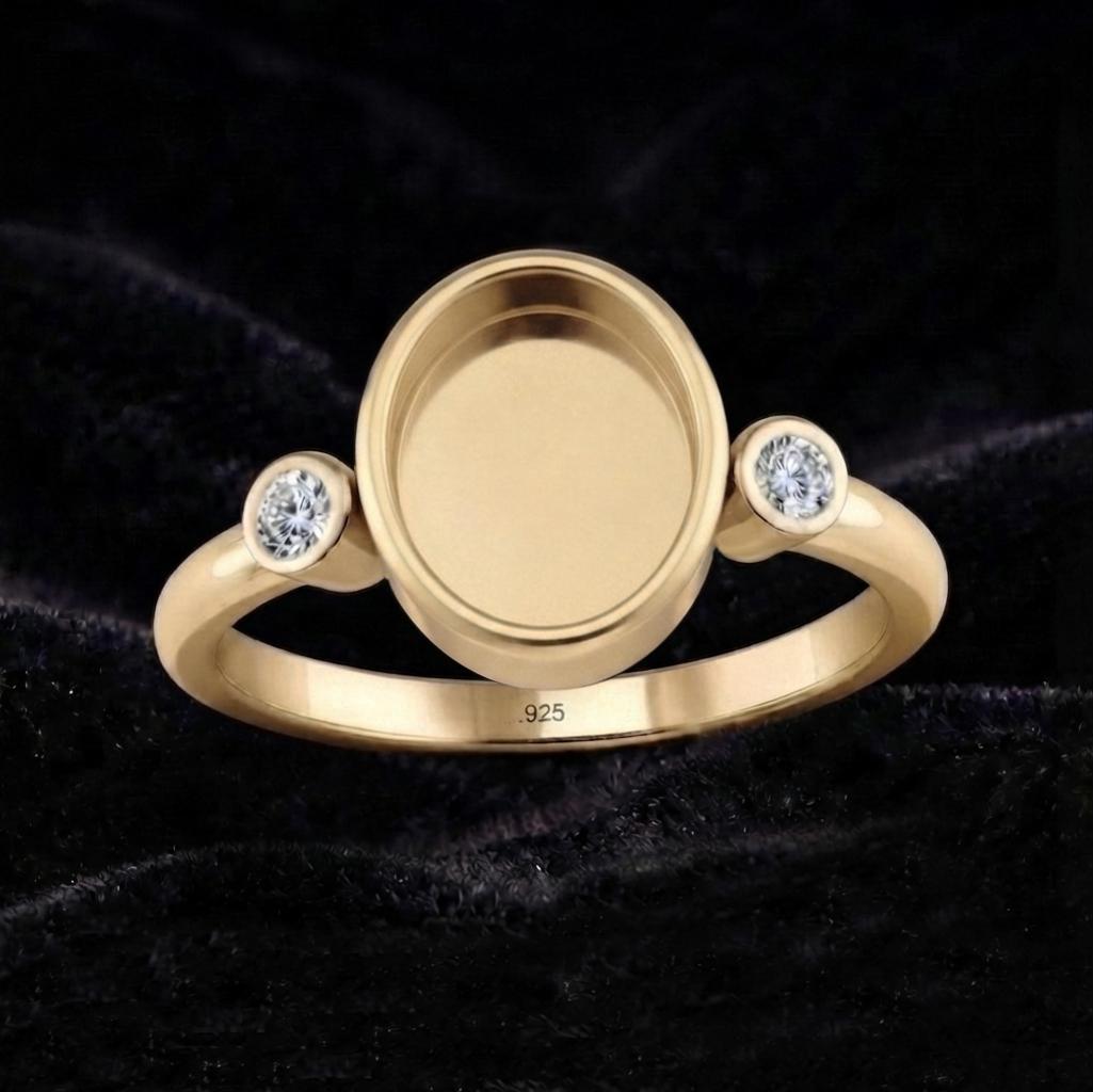925 Sterling Silver, Oval 8x6mm Blank Bezel with CZ Setted Engagement, Unique Vintage Bridal Ring, Resin & Ashes, Breastmilk/Keepsake DIY