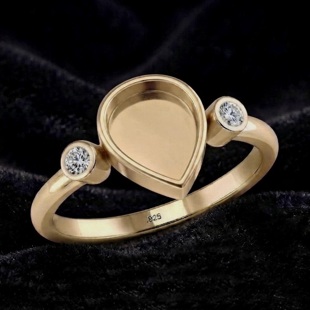 925 Sterling Silver, Pear 8x6mm Blank Bezel with CZ Setted Engagement, Unique Vintage Bridal Ring, Resin & Ashes, Breastmilk/Keepsake DIY