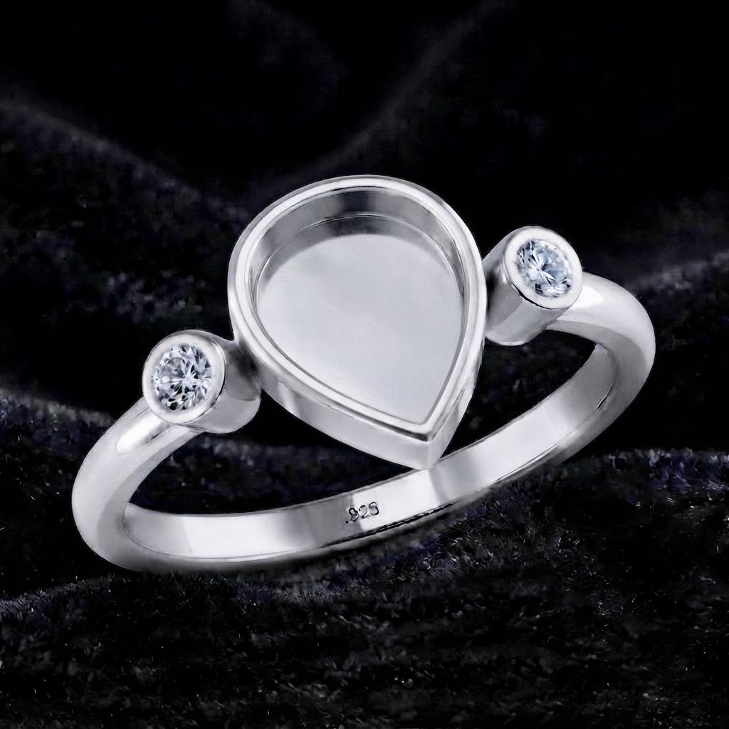 925 Sterling Silver, Pear 8x6mm Blank Bezel with CZ Setted Engagement, Unique Vintage Bridal Ring, Resin & Ashes, Breastmilk/Keepsake DIY