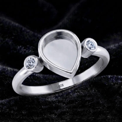 925 Sterling Silver, Pear 8x6mm Blank Bezel with CZ Setted Engagement, Unique Vintage Bridal Ring, Resin & Ashes, Breastmilk/Keepsake DIY