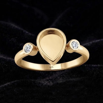 925 Sterling Silver, Pear 8x6mm Blank Bezel with CZ Setted Engagement, Unique Vintage Bridal Ring, Resin & Ashes, Breastmilk/Keepsake DIY