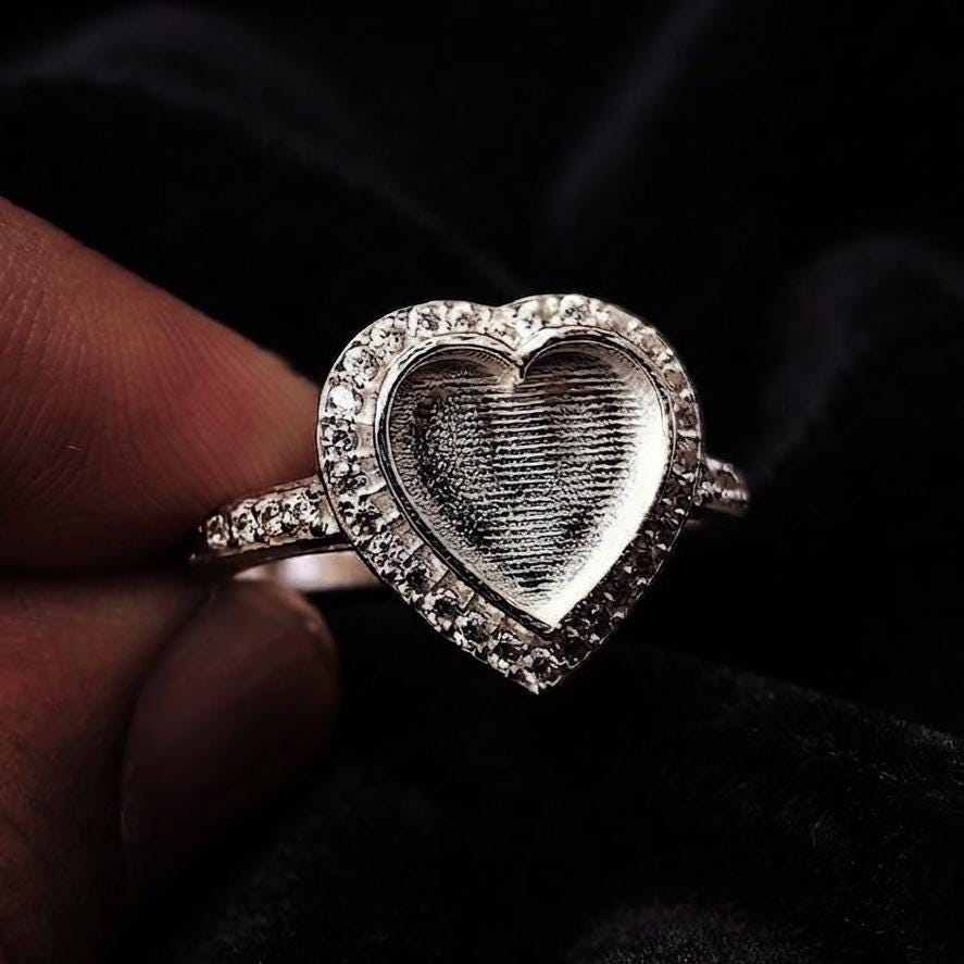 925 Sterling Solid Silver 10mm Heart Blank Bezel with CZ Setted on Band Ring, Good for Resin & Ashes Breastmilk DIY Work, Keepsake Jewellery