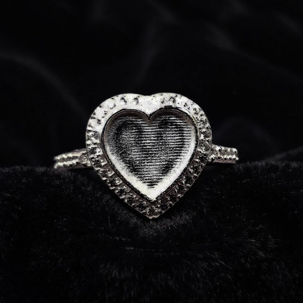 925 Sterling Solid Silver 10mm Heart Blank Bezel with CZ Setted on Band Ring, Good for Resin & Ashes Breastmilk DIY Work, Keepsake Jewellery