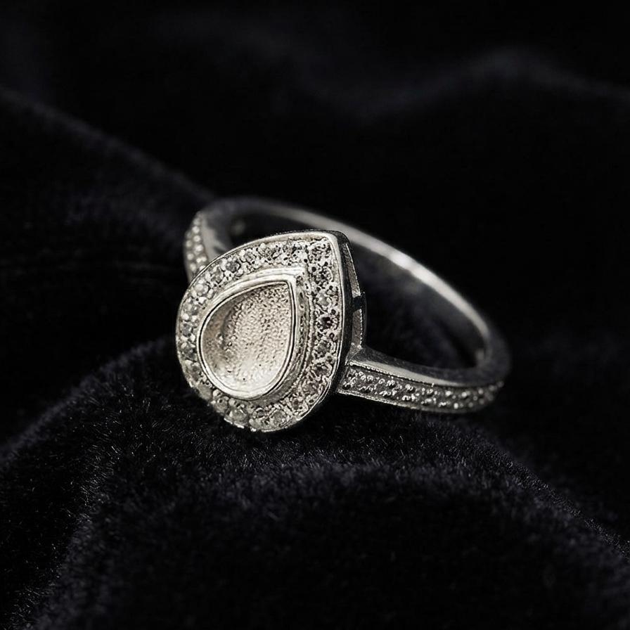 925 Sterling Solid Silver 7x5mm Pear Blank Bezel with CZ Setted Ring, Good for Resin & Ashes Work Breastmilk DIY Crafts, Keepsake Jewellery