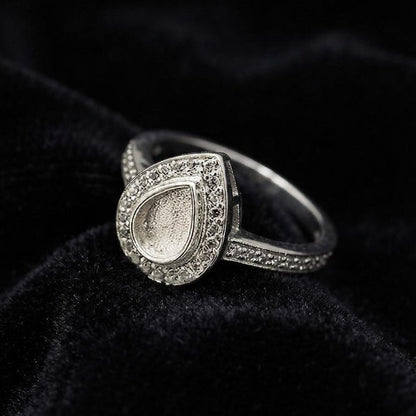 925 Sterling Solid Silver 7x5mm Pear Blank Bezel with CZ Setted Ring, Good for Resin & Ashes Work Breastmilk DIY Crafts, Keepsake Jewellery