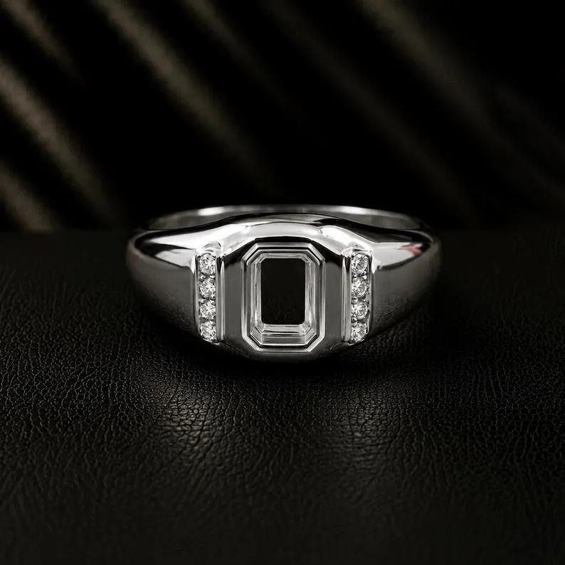 Solid 925 sterling silver 6x4mm Emerald cut Blank Pre Notched Men Ring Semi Mount For Gemstone Setting Good For Stone Inlay DIY Craft Ring