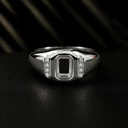 Solid 925 sterling silver 6x4mm Emerald cut Blank Pre Notched Men Ring Semi Mount For Gemstone Setting Good For Stone Inlay DIY Craft Ring