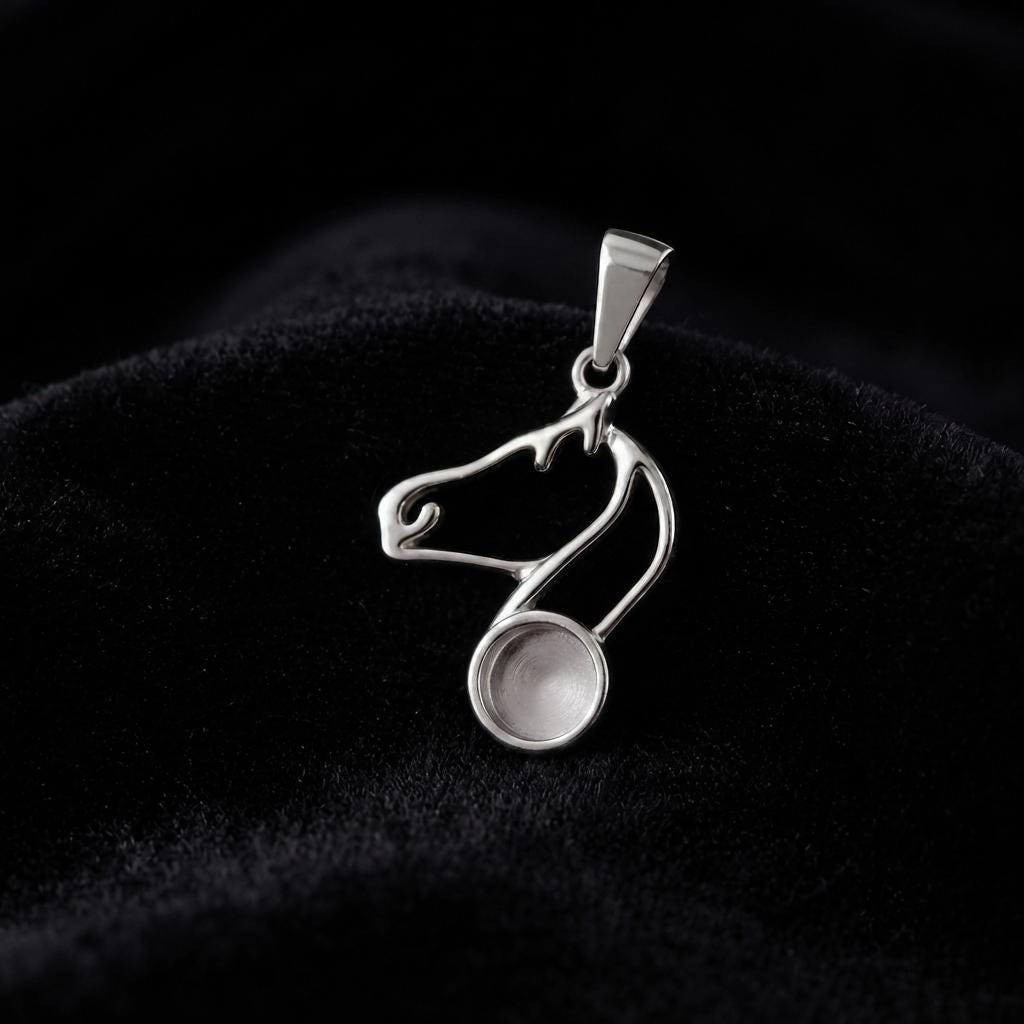 925 Sterling Silver Horse Face 6mm Round Blank Bezel, Lucky Pendant, Good for Horse Hair Resin & Ashes Work, Memorial Keepsake DIY Locket
