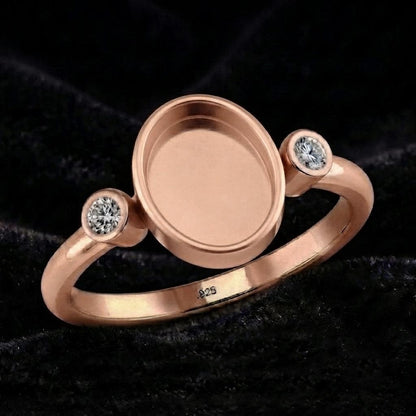 925 Sterling Silver, Oval 8x6mm Blank Bezel with CZ Setted Engagement, Unique Vintage Bridal Ring, Resin & Ashes, Breastmilk/Keepsake DIY