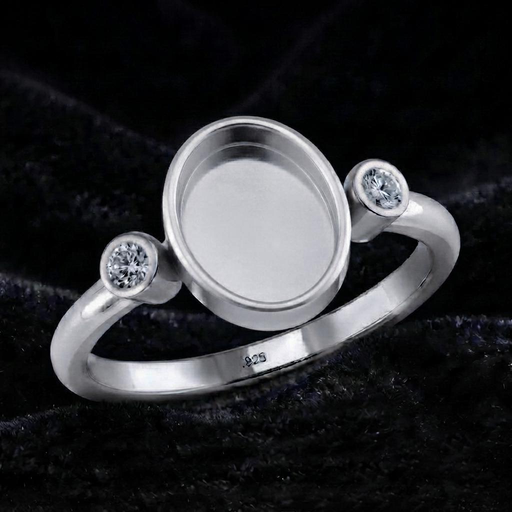 925 Sterling Silver, Oval 8x6mm Blank Bezel with CZ Setted Engagement, Unique Vintage Bridal Ring, Resin & Ashes, Breastmilk/Keepsake DIY