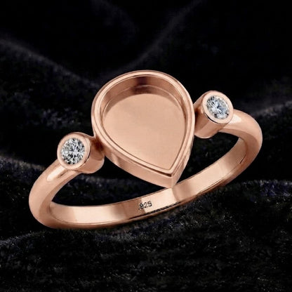 925 Sterling Silver, Pear 8x6mm Blank Bezel with CZ Setted Engagement, Unique Vintage Bridal Ring, Resin & Ashes, Breastmilk/Keepsake DIY