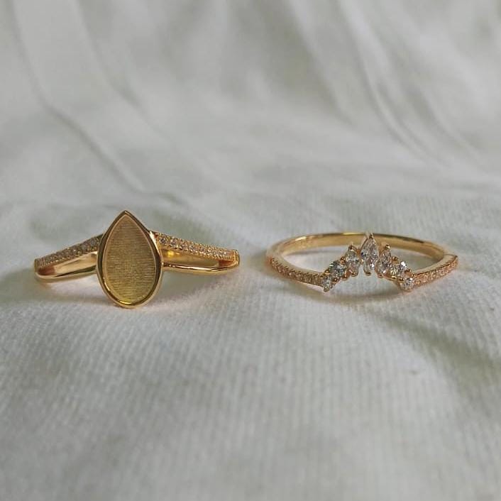 925 Sterling Silver, Pear 9x6mm Blank Bezel Zircon Ring, Stackable Wedding Band, Enhancer Bridal Set, Resin & Ashes, Breastmilk/Keepsake DIY