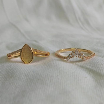 925 Sterling Silver, Pear 9x6mm Blank Bezel Zircon Ring, Stackable Wedding Band, Enhancer Bridal Set, Resin & Ashes, Breastmilk/Keepsake DIY