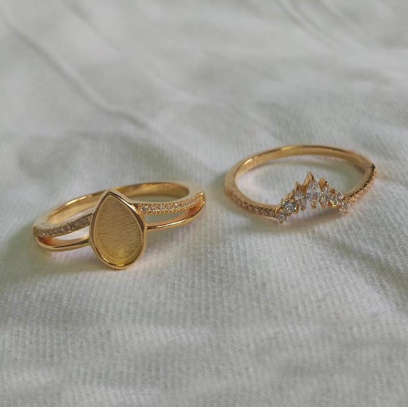 925 Sterling Silver, Pear 9x6mm Blank Bezel Zircon Ring, Stackable Wedding Band, Enhancer Bridal Set, Resin & Ashes, Breastmilk/Keepsake DIY