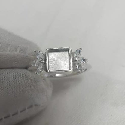 925 Sterling Solid Silver 6x6mm Square Shape Blank Bezel with Tiny Marquise CZ Ring, Good for Resin & Ashes Work, Keepsake/Breastmilk DIY
