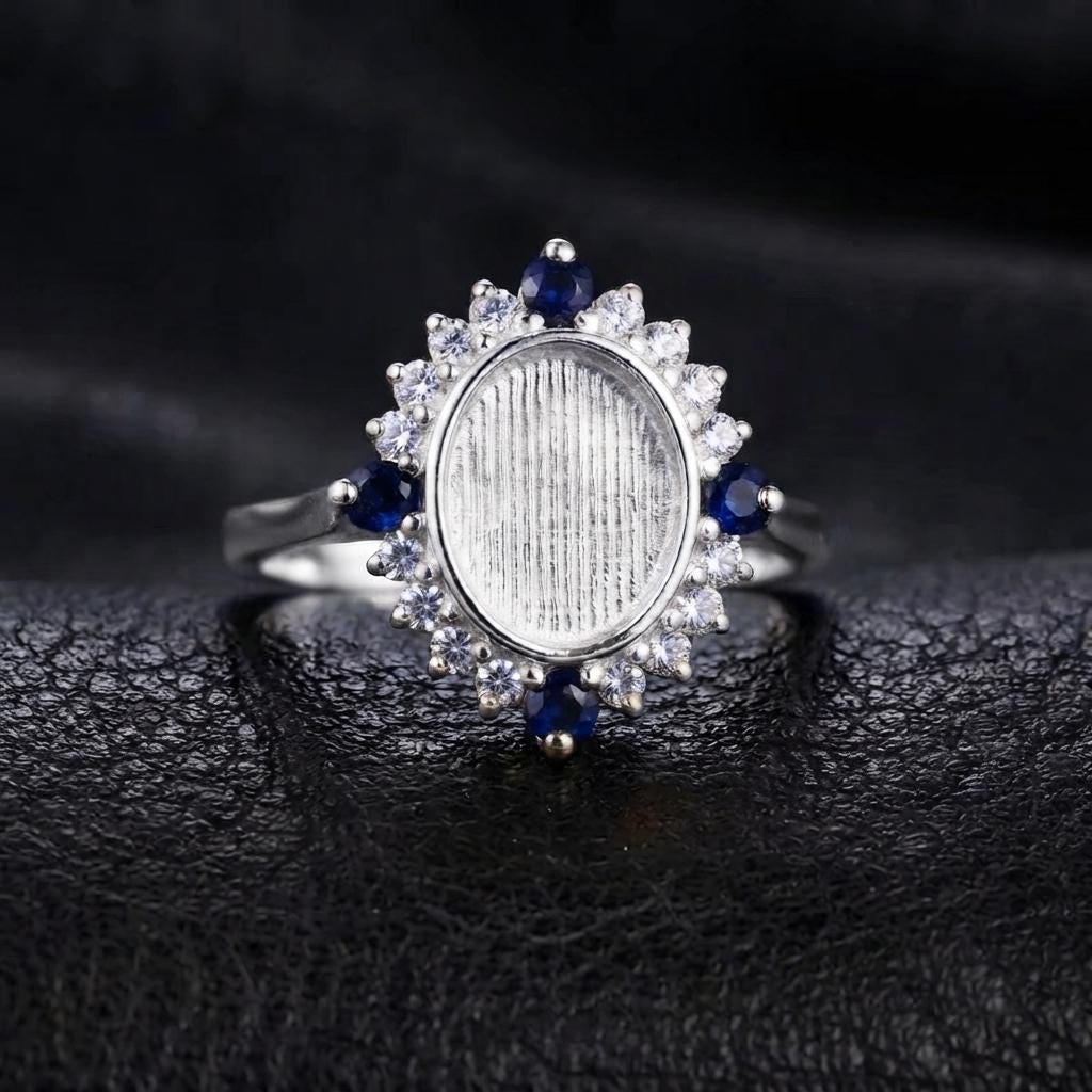 Solid 925 Sterling Silver Ring 8x10mm Keepsake Breast Milk Resin Oval Bezel Ring Settings with Lab Sapphire and CZ Stone, DIY Ring Jewelry