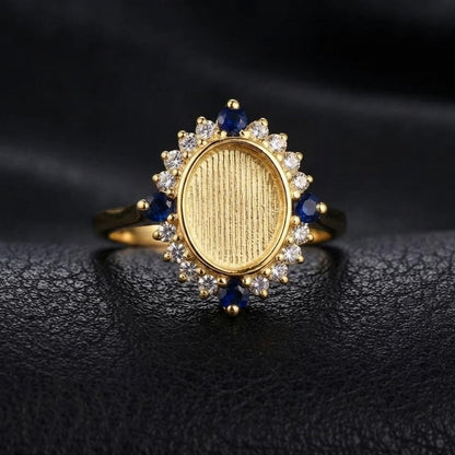Solid 925 Sterling Silver Ring 8x10mm Keepsake Breast Milk Resin Oval Bezel Ring Settings with Lab Sapphire and CZ Stone, DIY Ring Jewelry