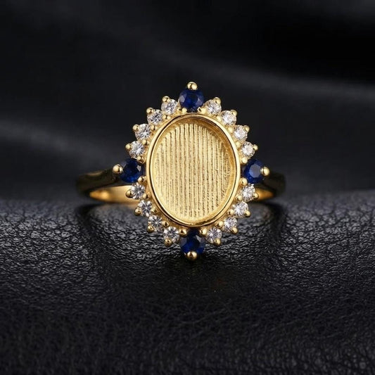 Solid 925 Sterling Silver Ring 8x10mm Keepsake Breast Milk Resin Oval Bezel Ring Settings with Lab Sapphire and CZ Stone, DIY Ring Jewelry