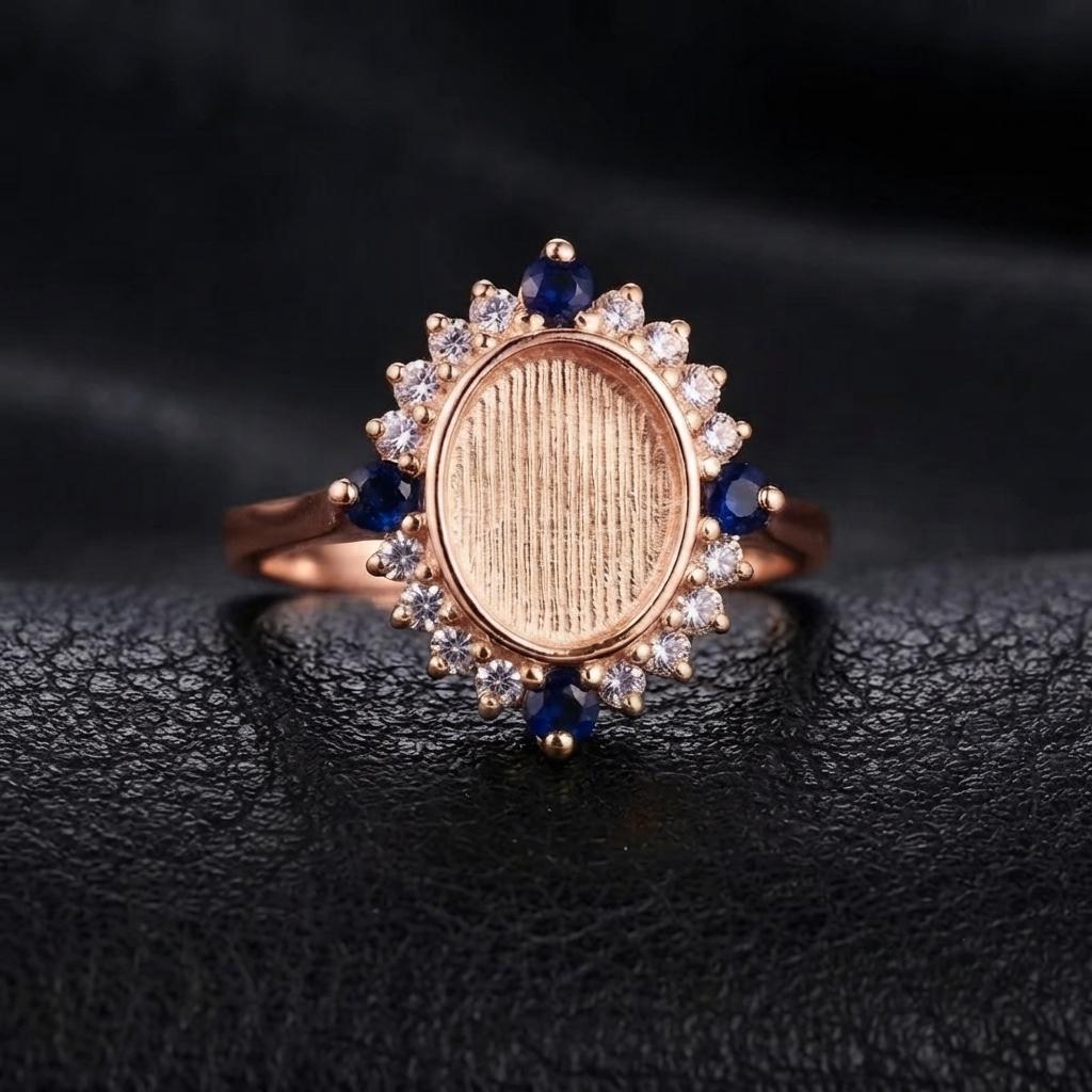 Solid 925 Sterling Silver Ring 8x10mm Keepsake Breast Milk Resin Oval Bezel Ring Settings with Lab Sapphire and CZ Stone, DIY Ring Jewelry