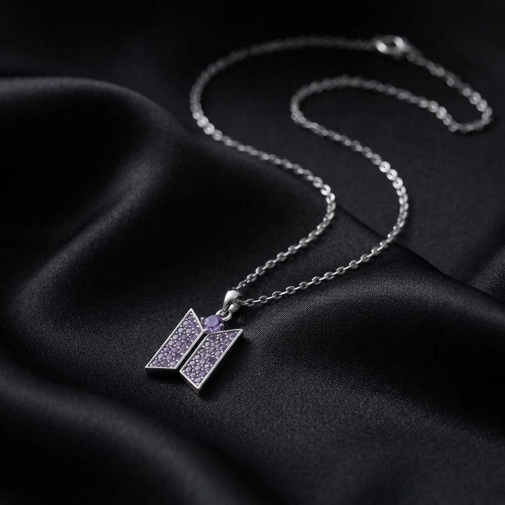 Solid 925 sterling silver BTS LOGO Necklace Purple Zircon Setted, For BTS army inspired By Bangtan kpop fan merch Minimalist, Gifts for her