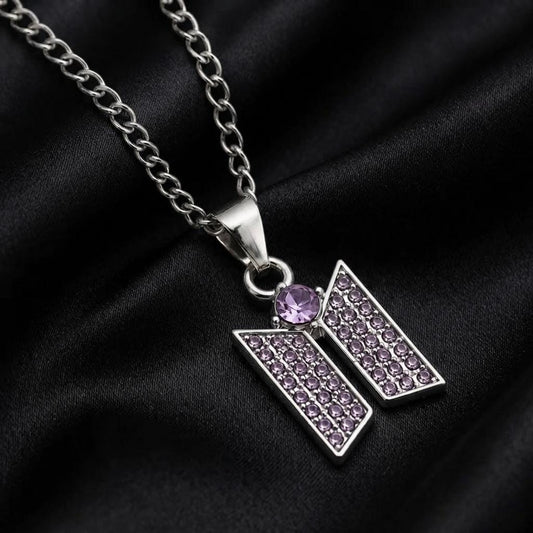 Solid 925 sterling silver BTS LOGO Necklace Purple Zircon Setted, For BTS army inspired By Bangtan kpop fan merch Minimalist, Gifts for her