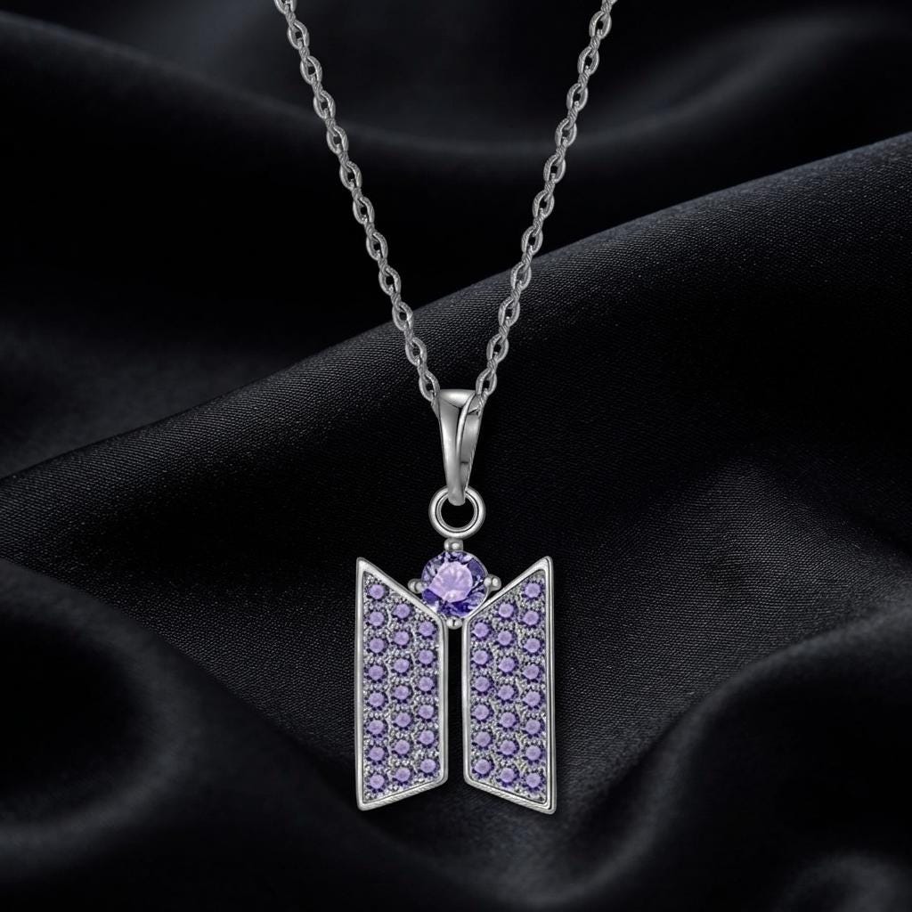 Solid 925 sterling silver BTS LOGO Necklace Purple Zircon Setted, For BTS army inspired By Bangtan kpop fan merch Minimalist, Gifts for her