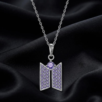 Solid 925 sterling silver BTS LOGO Necklace Purple Zircon Setted, For BTS army inspired By Bangtan kpop fan merch Minimalist, Gifts for her