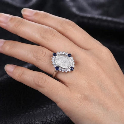 Solid 925 Sterling Silver Ring 8x10mm Keepsake Breast Milk Resin Oval Bezel Ring Settings with Lab Sapphire and CZ Stone, DIY Ring Jewelry