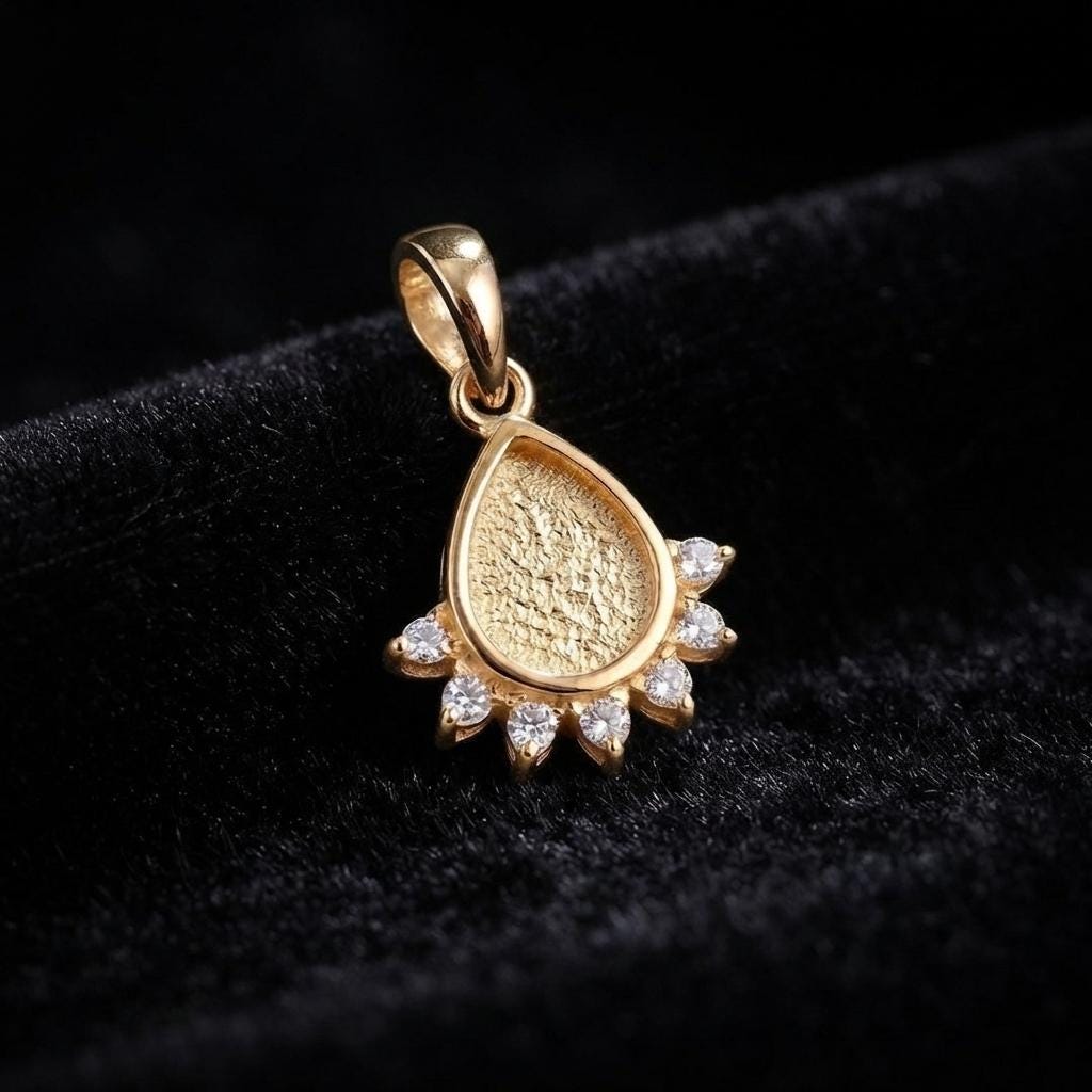 Teardrop 6x8mm Blank Bezel with Black CZ Setted, 925 Sterling Silver Pendant, Good for Resin & Ashes Work, Breastmilk DIY, Keepsake Jewelry