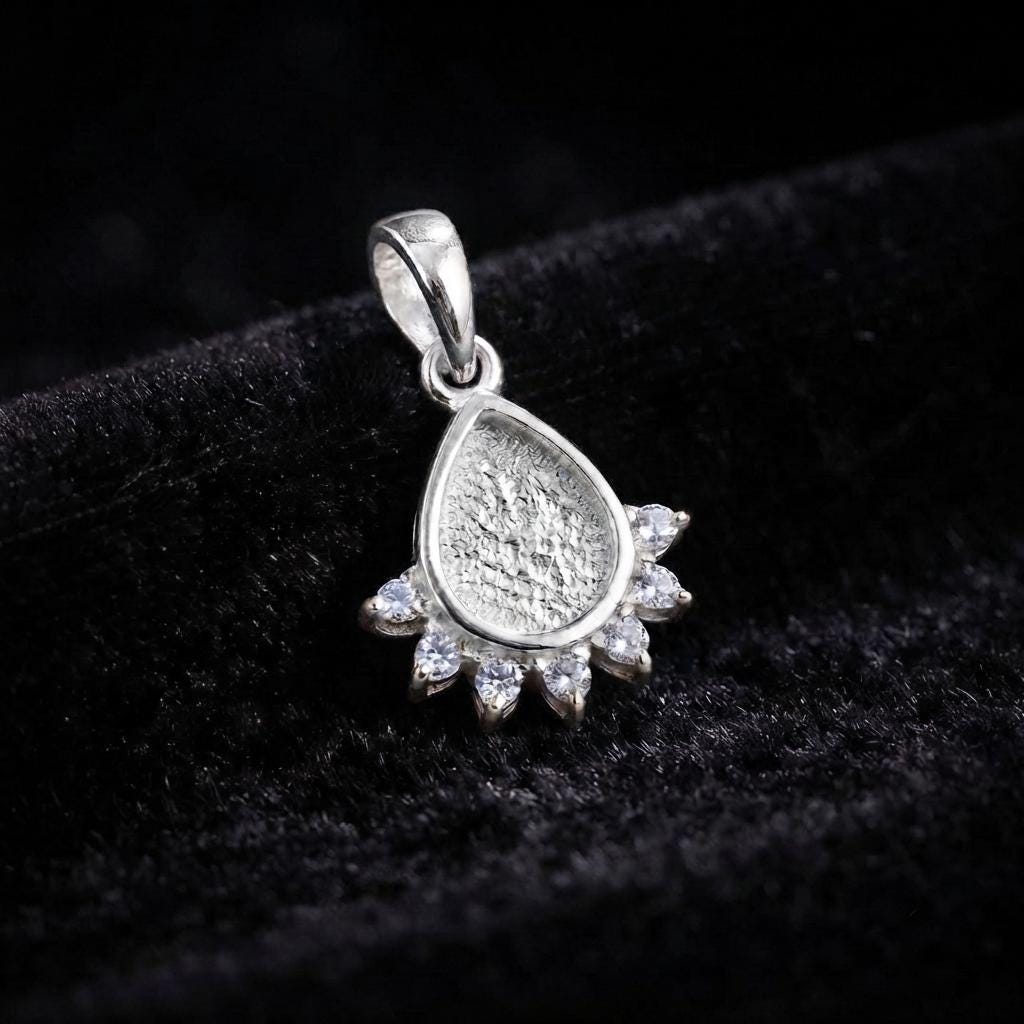 Teardrop 6x8mm Blank Bezel with Black CZ Setted, 925 Sterling Silver Pendant, Good for Resin & Ashes Work, Breastmilk DIY, Keepsake Jewelry